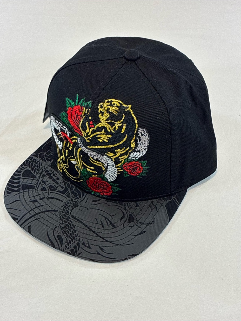 Black Snapback Hat with Embroidered Tiger, Snake & Red Roses